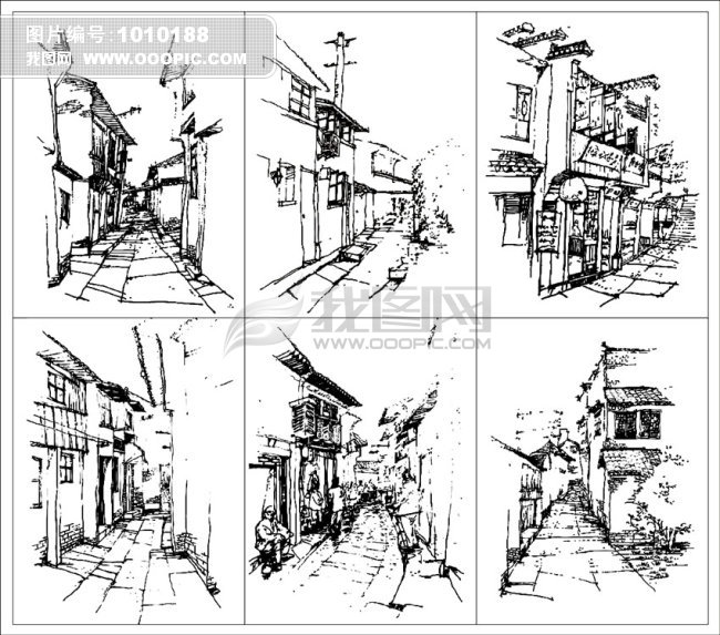 山水风景画 > 苏州古镇街道小巷速写矢量线条画图片