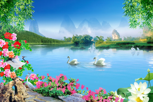 青山绿水 石头 荷花 荷 莲 莲花 白荷花 白莲花 花 牡丹 牡丹画 竹 竹子 竹叶 湖 湖光山色 天鹅 仙鹤 鹤 丹顶鹤 湖水 鸟 景色 景观 装饰画 PSD分层素材 山水风景PSD分层模板 山水画图片 PSD分层风景 风景画图片 PSD分层风景模板