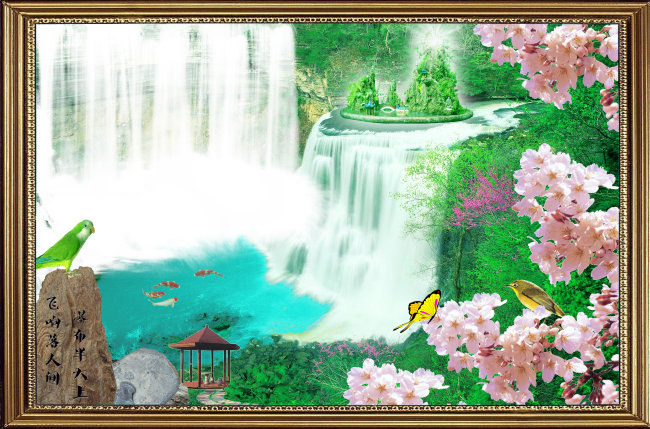 桃花黄鹂瀑布风景图模板下载(图片编号:10379