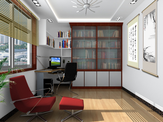 书房3d模型 参数 贴图 灯光齐全模板下载(图片