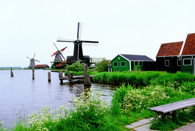 荷兰风景 绿茵 河边 小屋 风车模板下载(图片编