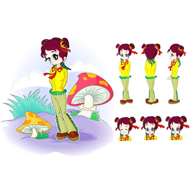 清涩害羞的少女卡通形象及三视图和表情模板下