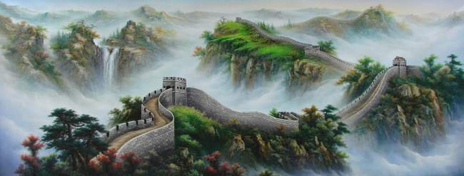 中国万里长城 油画 素材图片