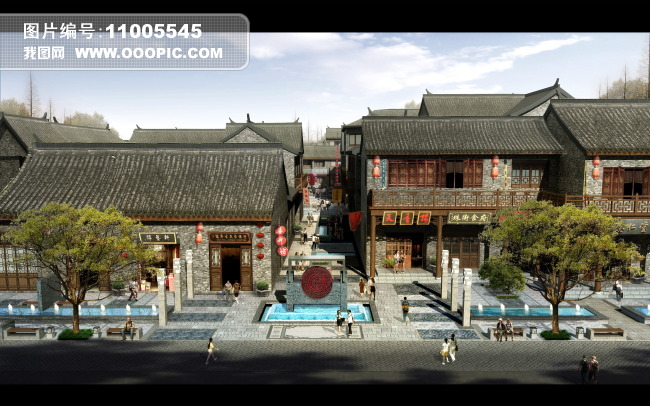 jf54中式仿古商业街高清效果psd图片