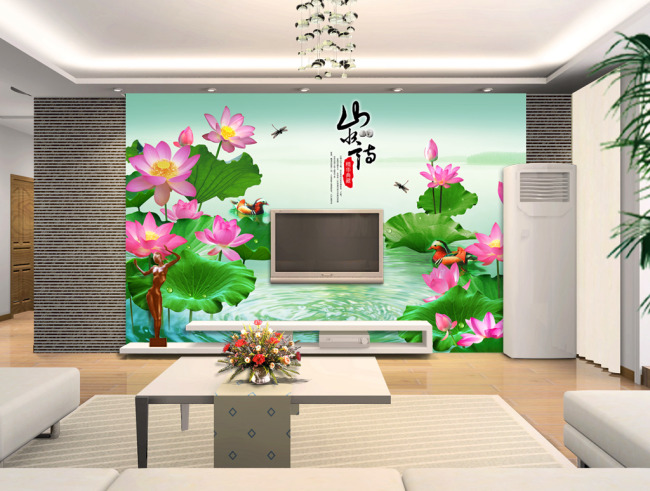 原创荷花电视背景墙