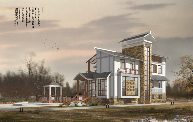 30071二层新中式别墅建筑效果图PSD模板下载