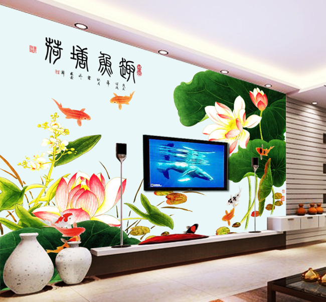 下载《映日荷花电视背景墙装饰画》源文件