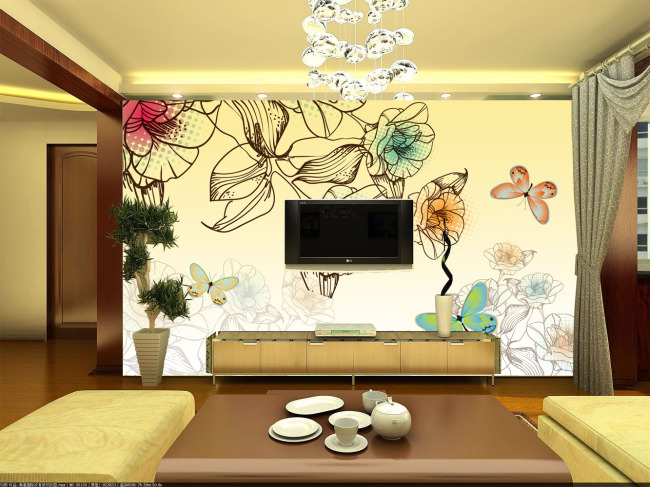 梦幻唯美时尚古典花朵电视墙壁纸移门模板下载