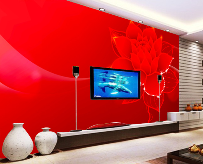 大气红色背景花朵电视背景墙设计模板下载(图