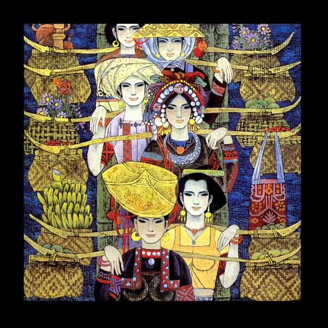 少数民族少女服饰装饰画无框画画芯四联模板下