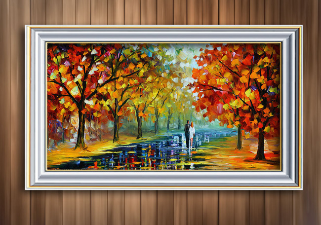 <em>枫林路中</em>的情侣欧洲风景油画模板下载(图片编