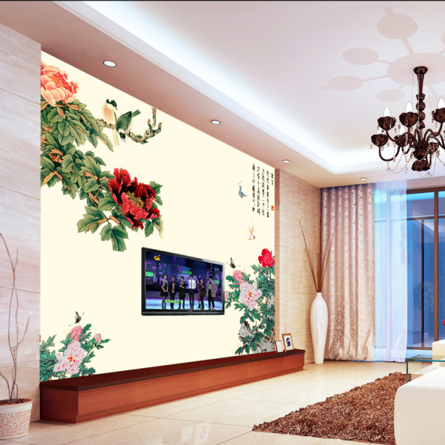 牡丹花开电视背景墙装修效果图设计模板下载(