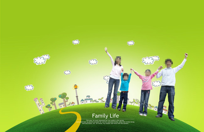 弧形草地上开心的一家人模板下载(图片编号:1