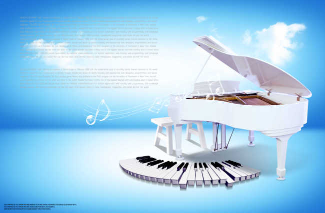 蓝天下的白色钢琴和琴键模板下载(图片编号:1