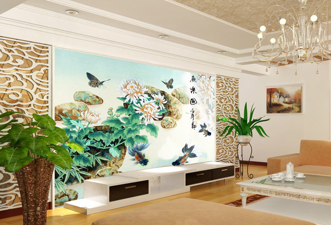 鱼乐图中式文化电视背景墙模板下载(图片编号