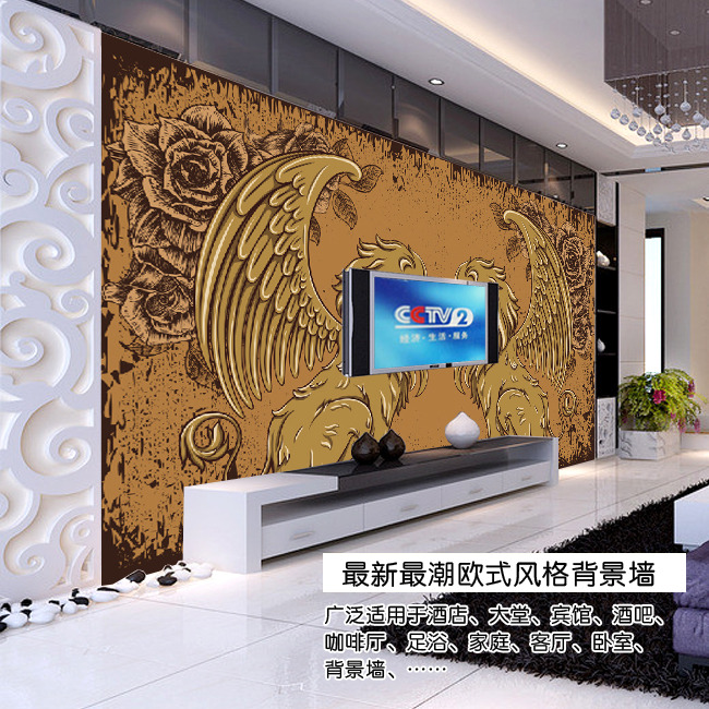 金色浮雕狮子欧式电视背景墙
