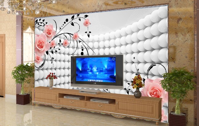 客厅玫瑰花纹弧形3D电视背景墙图片模板下载