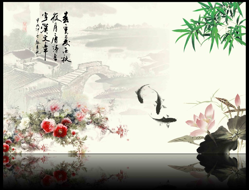 中式古典水墨荷花背景墙图片