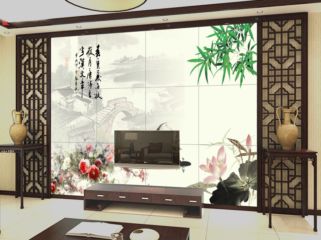 中式古典水墨荷花背景墙图片