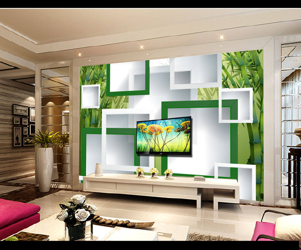 绿竹立体格子电视背景墙装饰画模板模板下载(