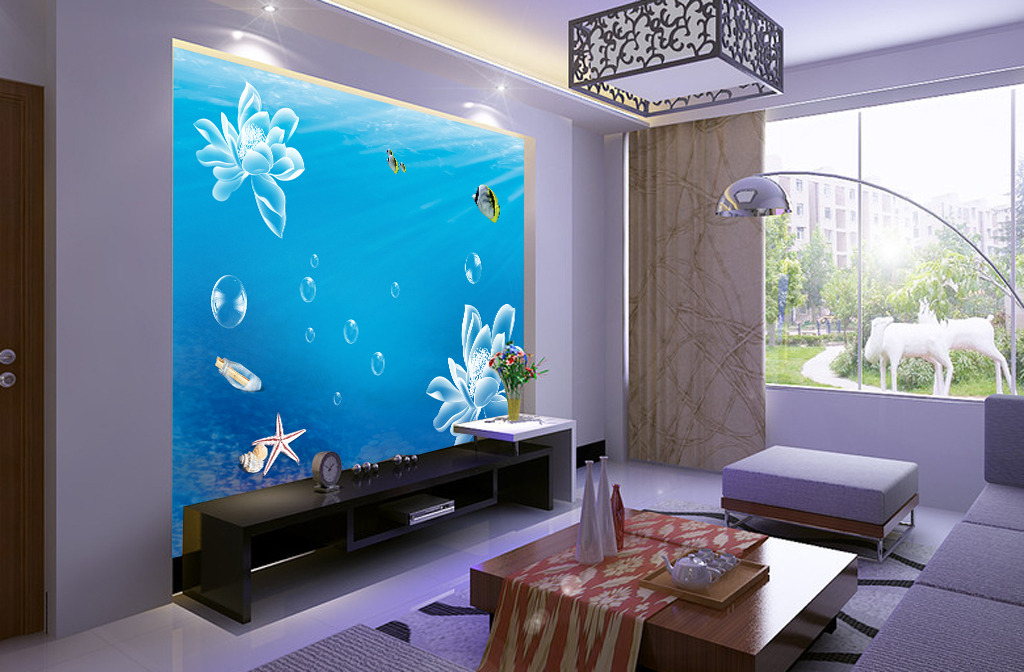 海洋世界梦幻花朵电视背景墙装饰画模板下载(