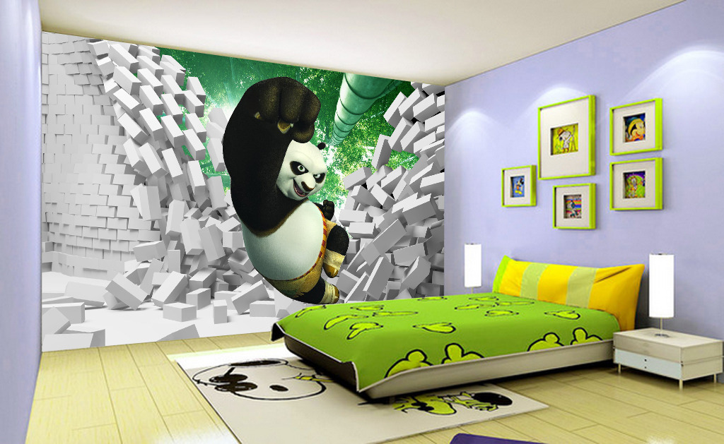创意简约3D熊猫出墙儿童房背景墙装饰画模板