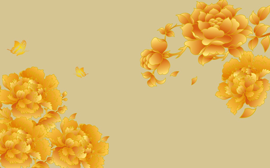 黄金富贵金色牡丹蝶恋花背景墙图案设计