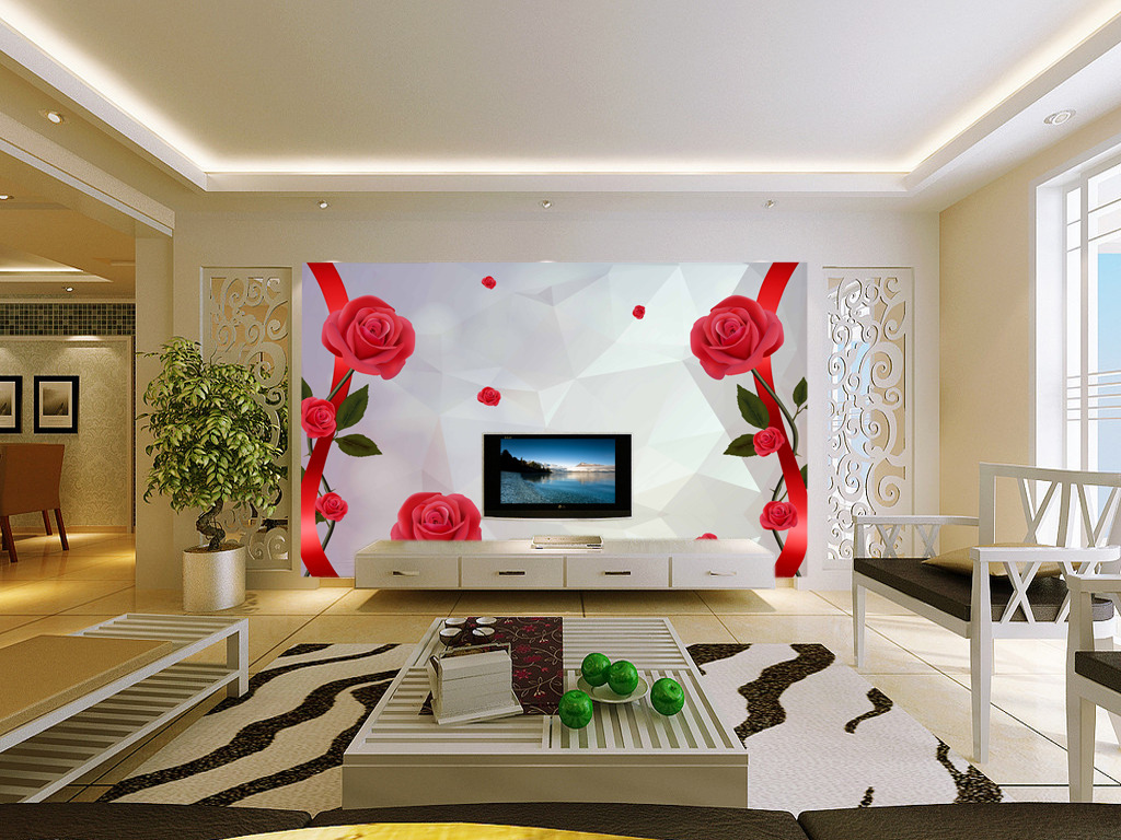 3D立体玫瑰倒影电视背景墙壁画模板下载(图片