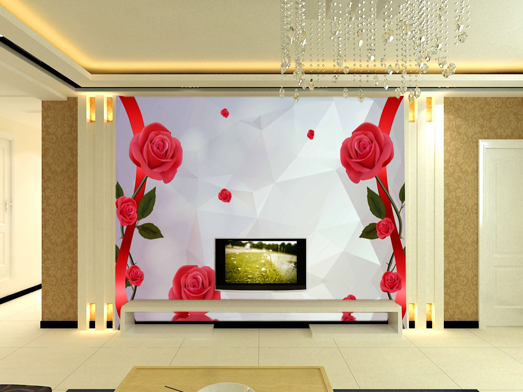 3D立体玫瑰倒影电视背景墙壁画模板下载(图片