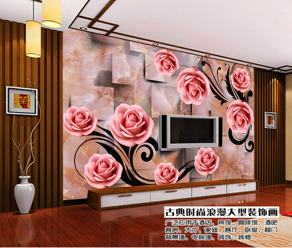 3D立体瓷砖花纹玫瑰背景墙装饰画模板下载(图