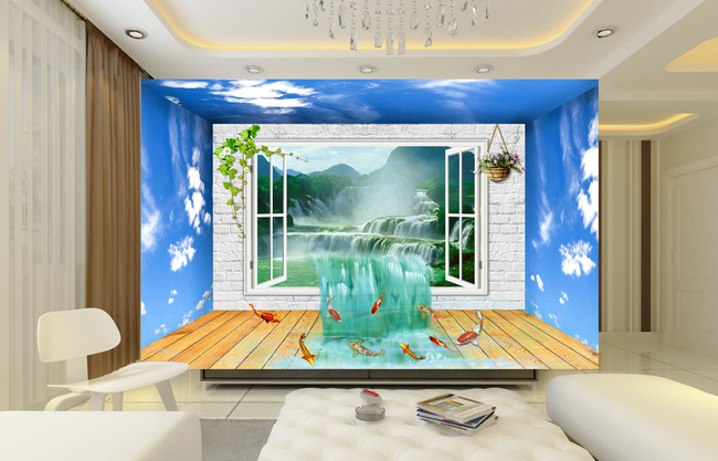 3D立体空间流水生财墙纸壁纸背景墙模板下载