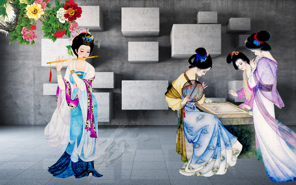 <em>3D立体</em>古代<em>美女</em>客厅电视电视墙装饰画模板下