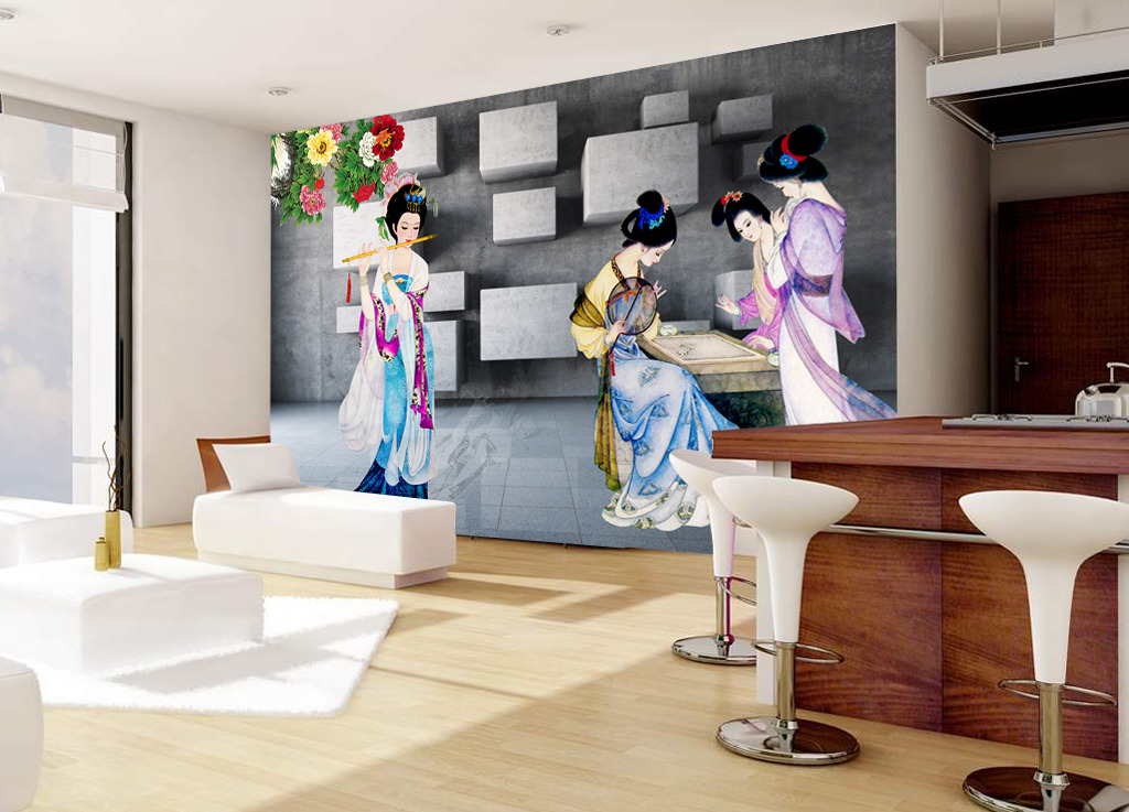 <em>3D</em>立体古代<em>美女</em>客厅电视电视墙装饰画模板下