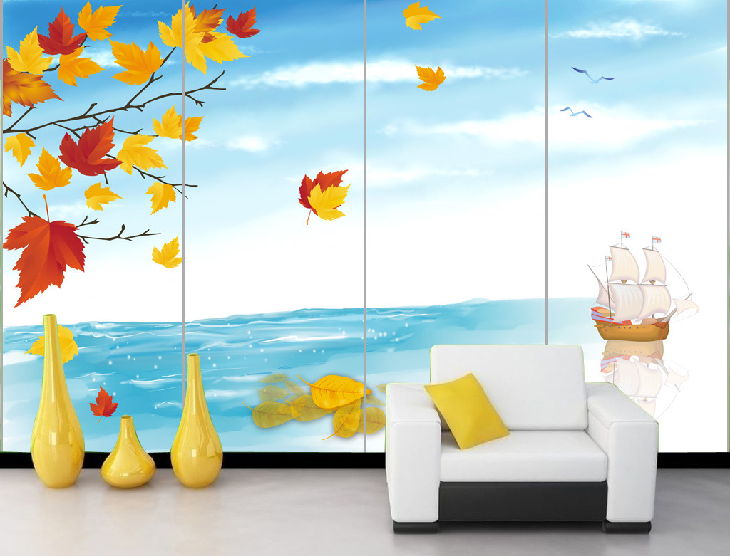 大海一帆风顺简约红叶客厅背景墙模板下载(图