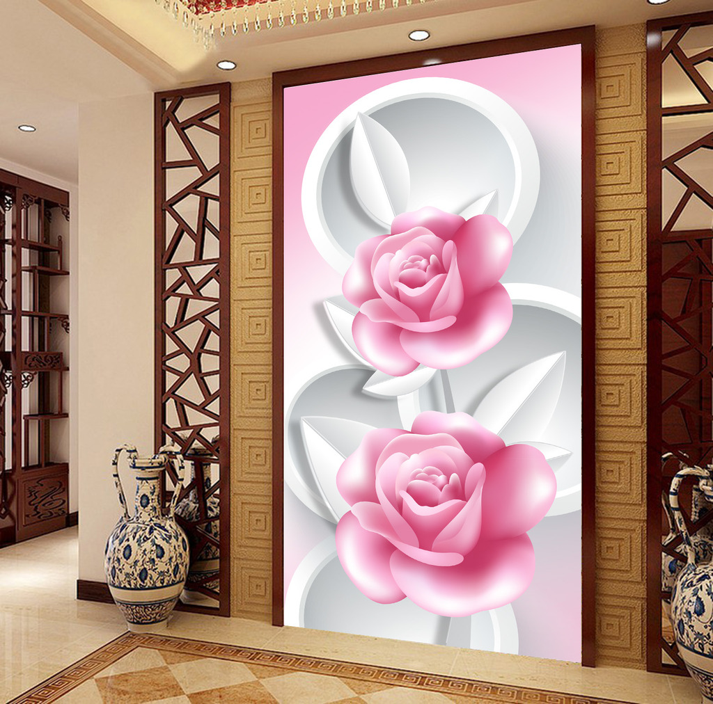 背景墙 门厅/[版权图片]3D立体粉玫瑰玄关门厅背景墙