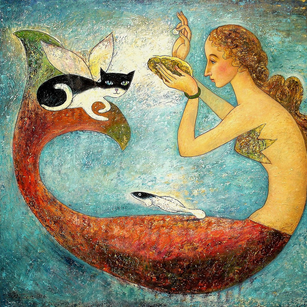 油画 珍珠/美人鱼与猫咪油画