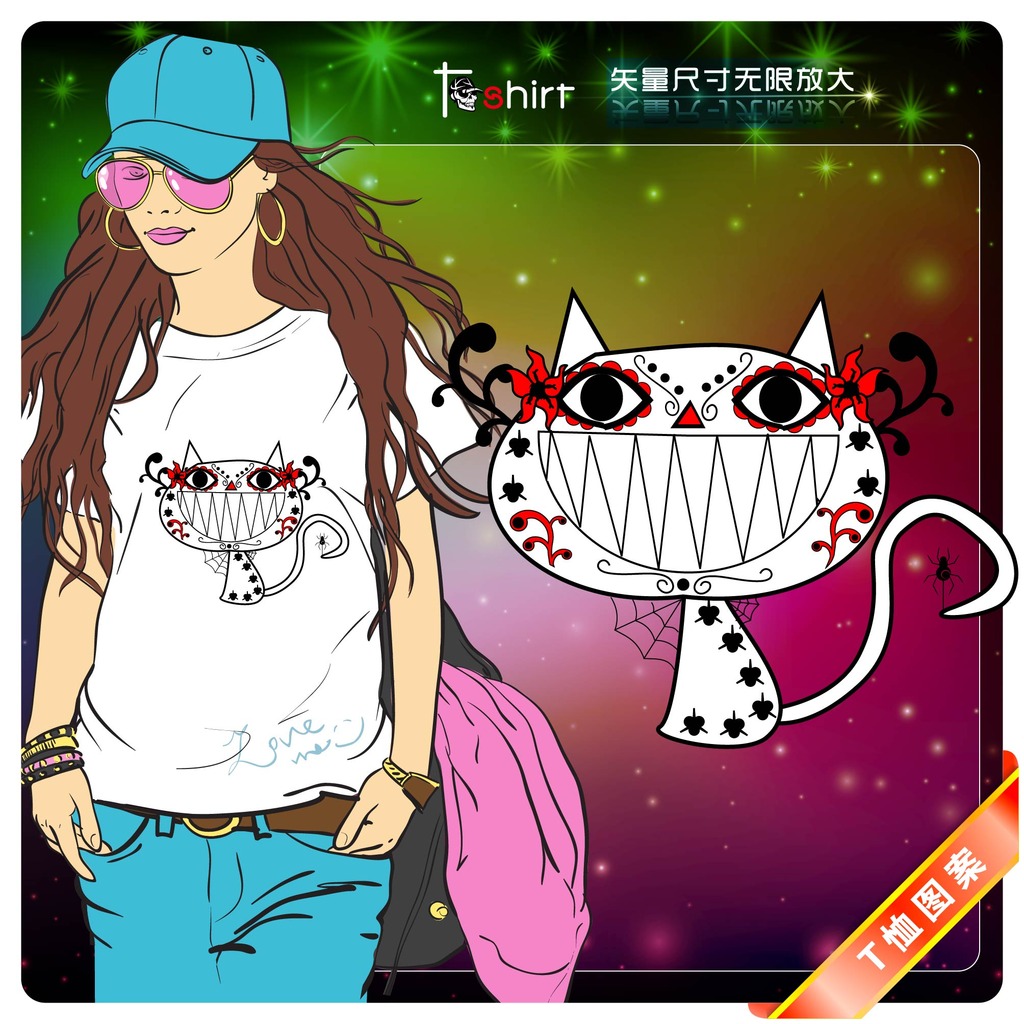可爱卡通动漫美女猫T恤图案模板下载(图片编号