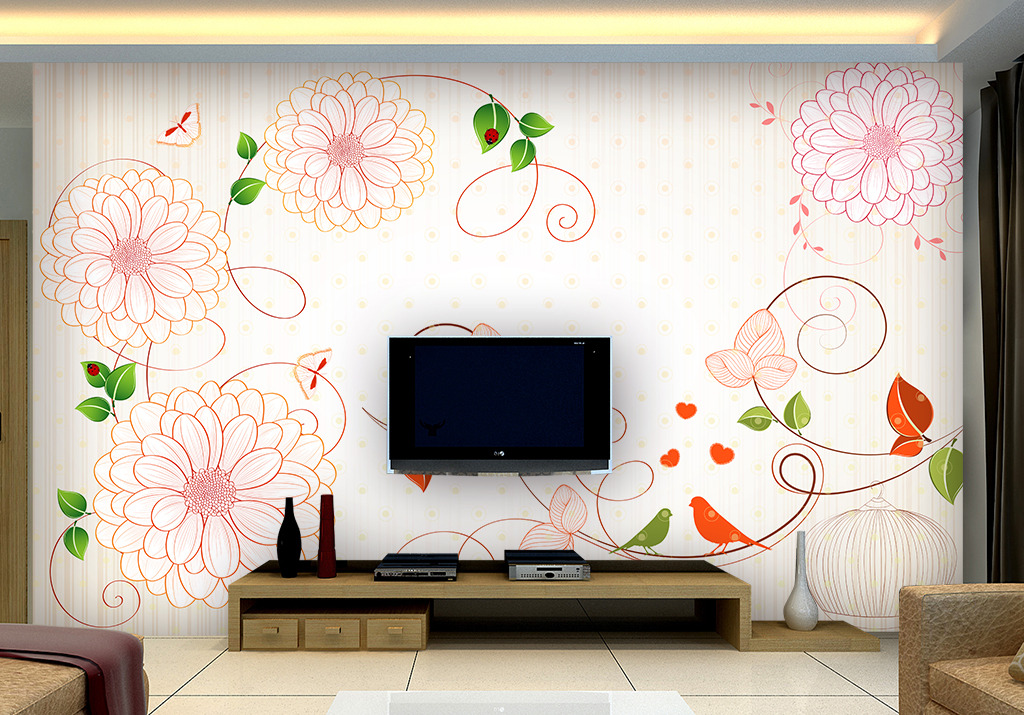 时尚花鸟蝴蝶线描电视背景墙壁纸装饰画模板下
