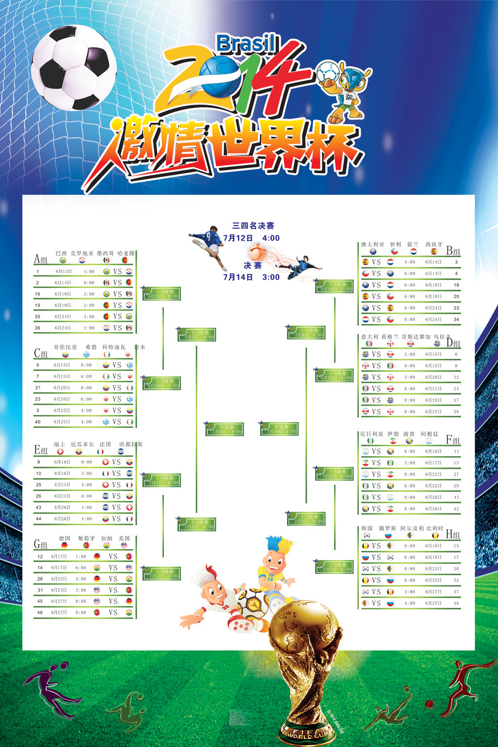 2014年巴西世界杯赛程时间表足球海报模板下