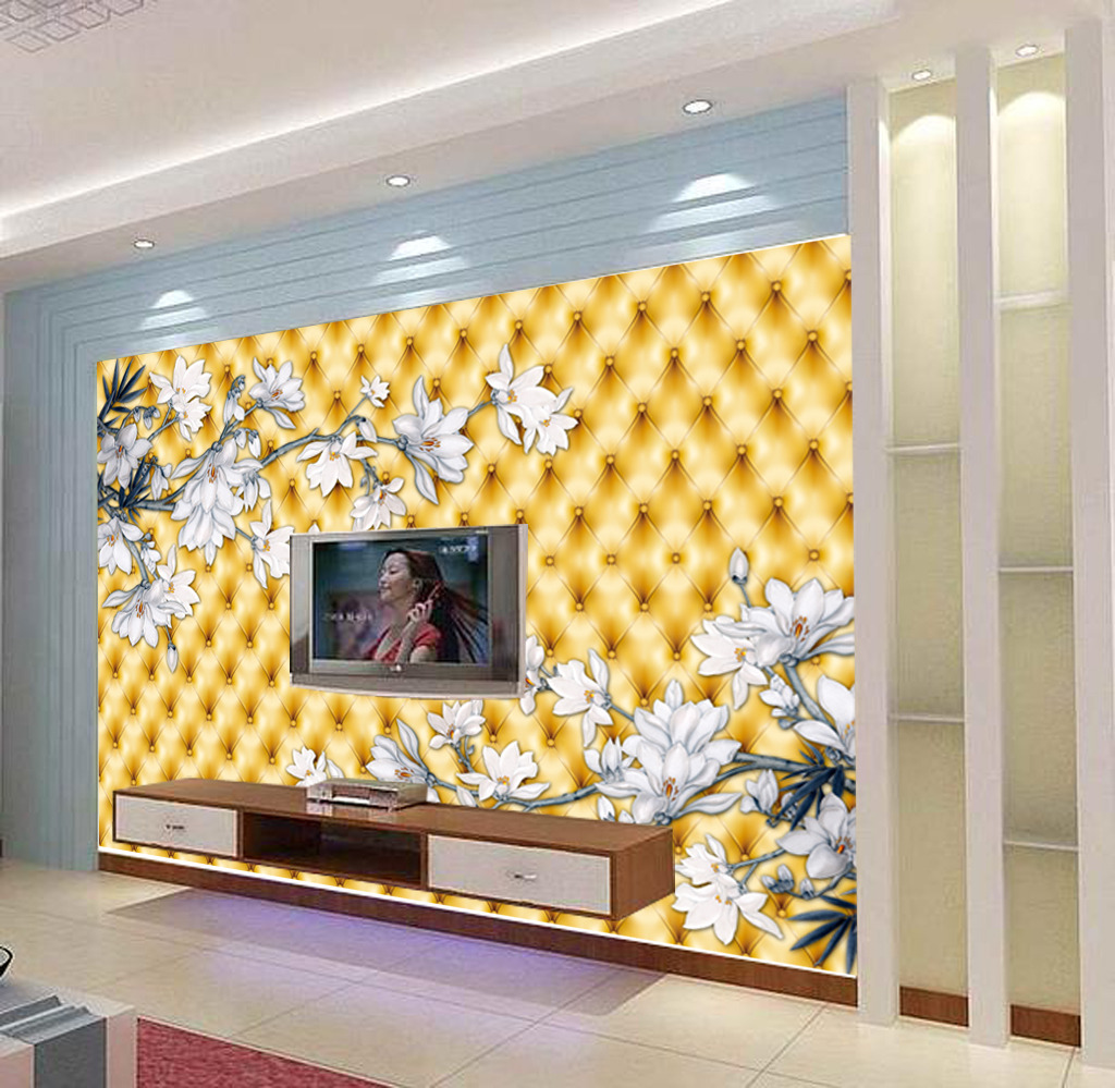彩雕艺术玻璃电视墙白玉兰软包