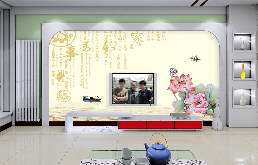 中国风荷花浮雕客厅电视背景墙壁画模板下载(