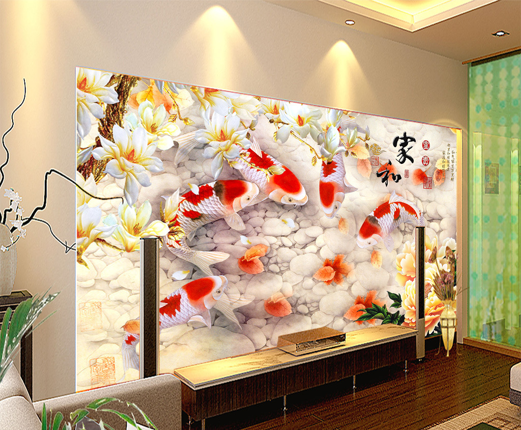 金鱼客厅牡丹电视背景墙模板下载(图片编号:12149852)_浮雕电视背景墙_电视背景墙_我图网weili.ooopic.com