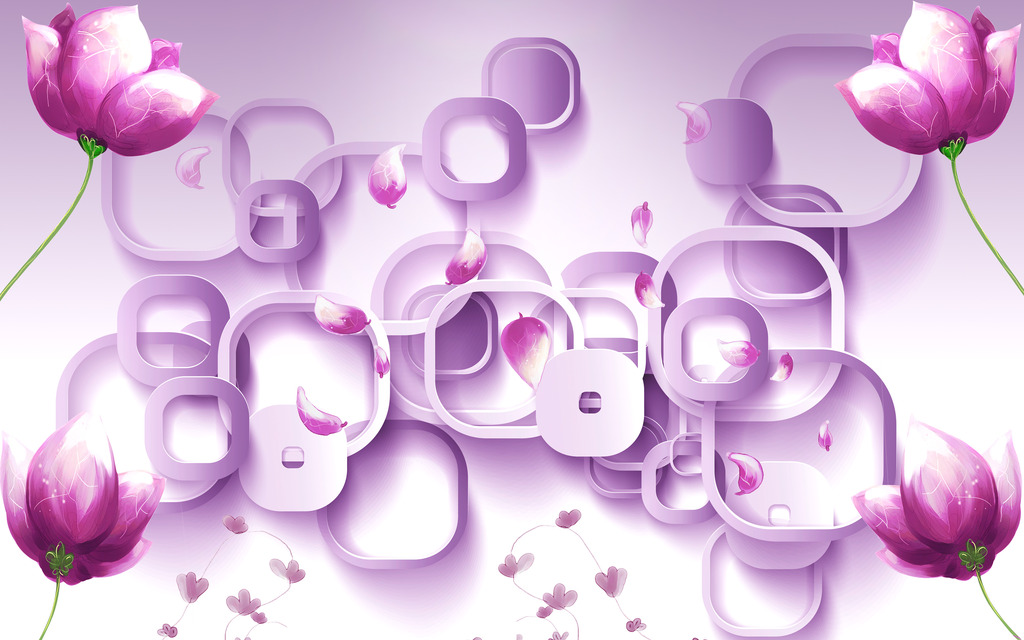 3D梦幻紫色花卉电视背景墙模板下载(图片编号