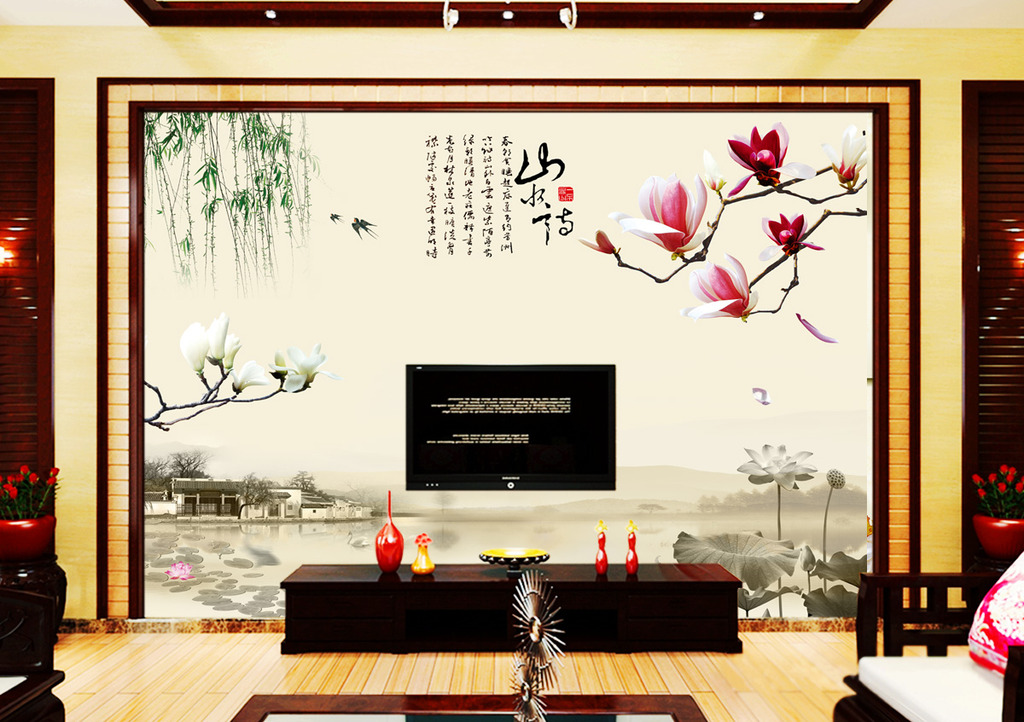 山水情中式电视背景墙