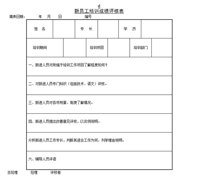 新员工培训成绩评核表word模板下载模板下载