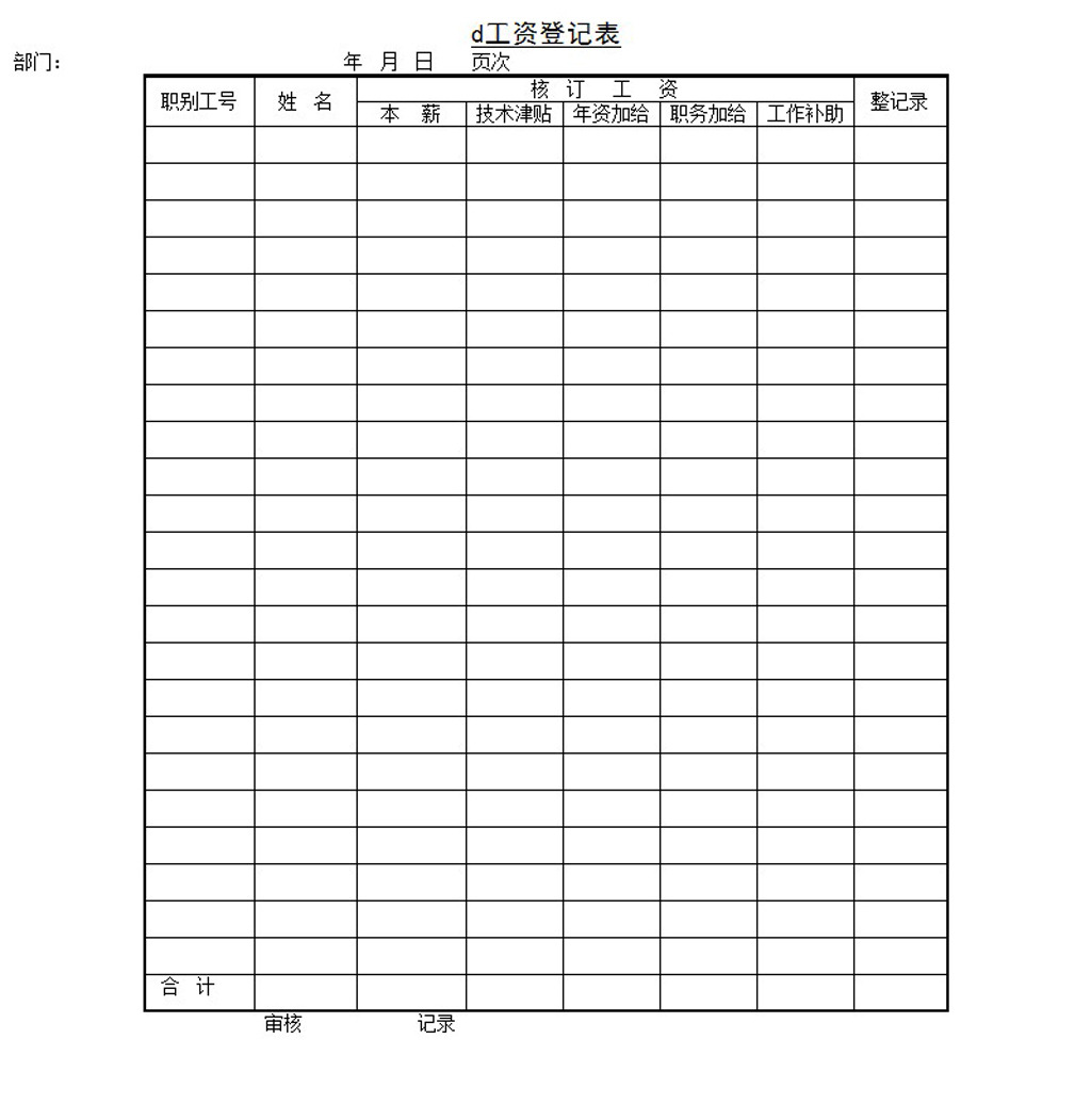 工资登记表word模板下载