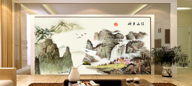 国画山水风景画漓江山水水墨画影壁墙壁画模板