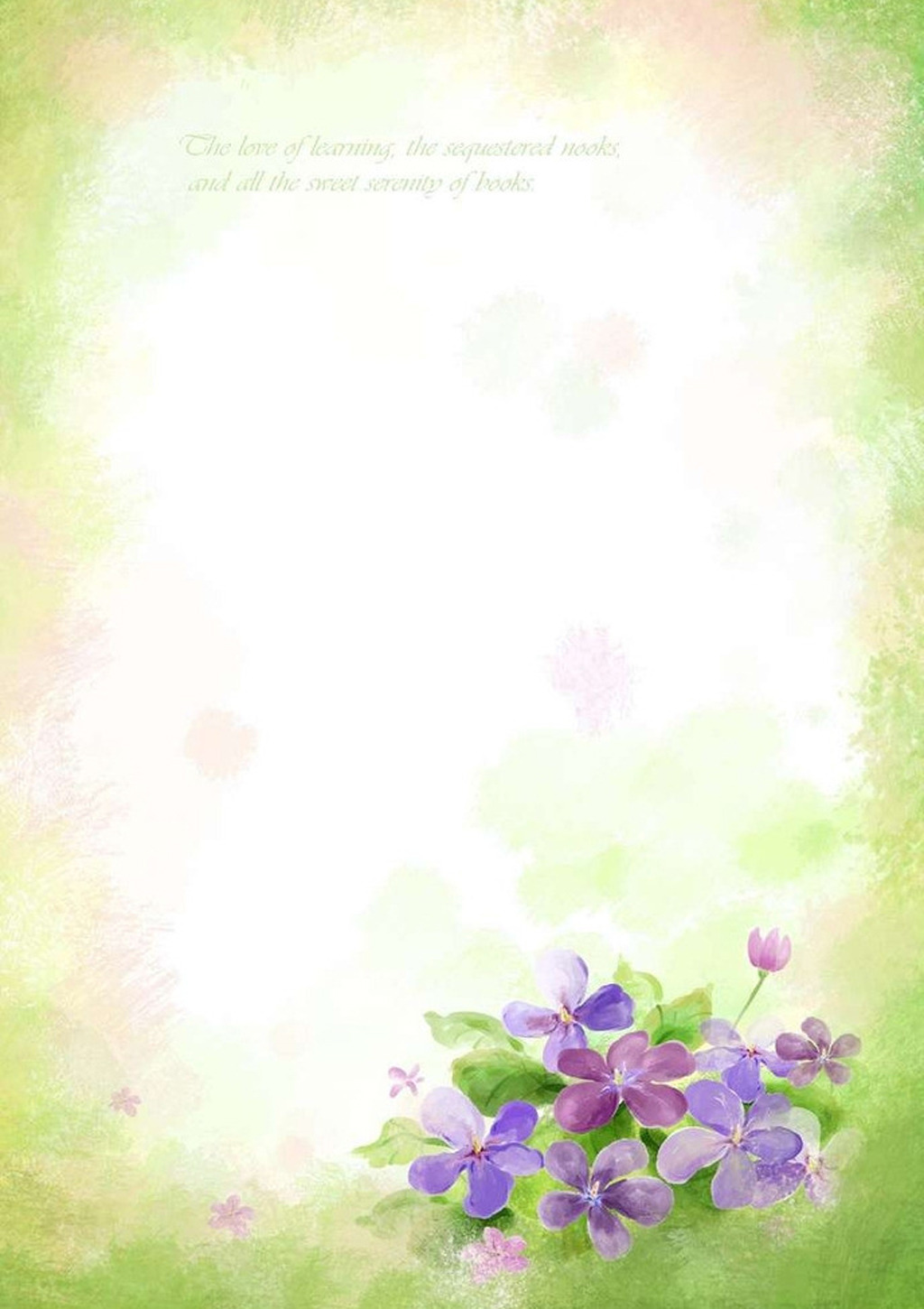 紫色 花朵 树叶 清新 梦幻 绿色背景 信纸模板 信纸下载 背景图 word图片