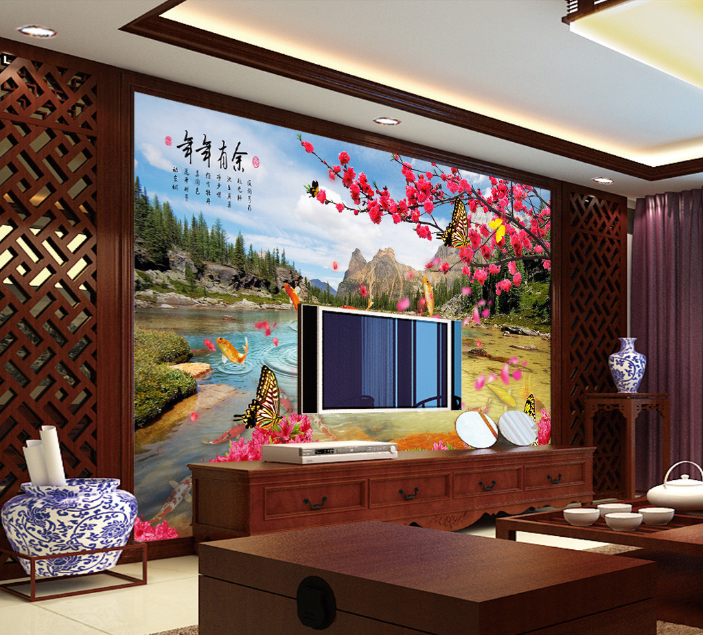 年年有余九鱼图风景画壁画客厅电视背景墙模板