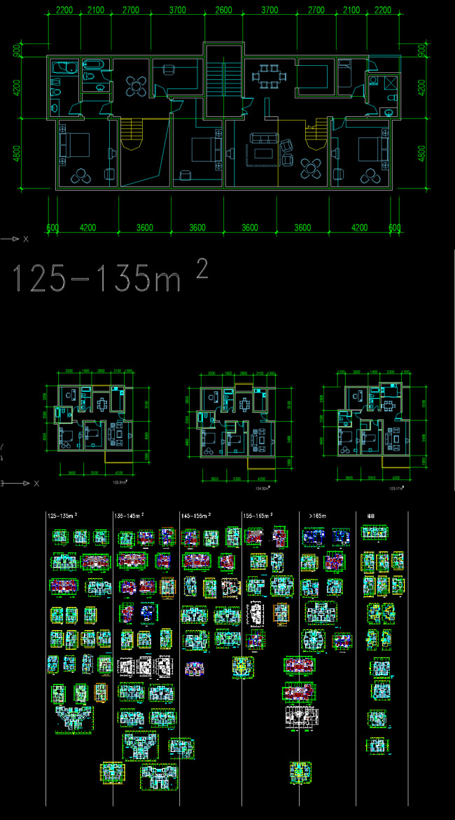 按面积分好的户型 建筑施工 CAD图纸模板下载